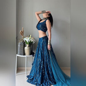 Blue Sequin Thread Embroidered Faux Georgette Lehenga Choli